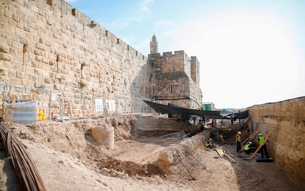 A sunken visitor's center will stand in place of these excavations at the foot of Jerusalem's Tower of David Museum, November 2020 (Ricky Rachman)