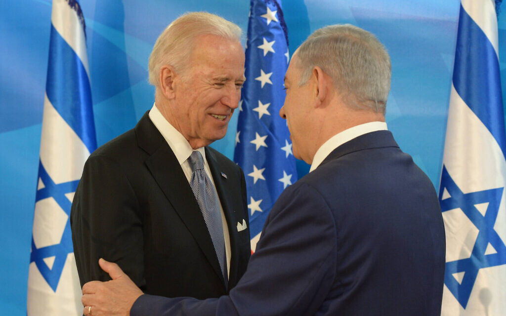 Prime Minister Benjamin Netanyahu, right, meets with then US vice president Joe Biden at the Prime Minister's Office in Jerusalem, on March 9, 2016. (Amos Ben Gershom/GPO) Prime Minister Benjamin Netanyahu, right, meets with then US vice president Joe Biden at the Prime Minister's Office in Jerusalem, on March 9, 2016. (Amos Ben Gershom/GPO)