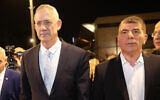 Benny Gantz (left) and Gabi Ashkenazi of the Blue and White party arrive to give a joint a statement in Tel Aviv on February 21, 2019. (Noam Revkin Fenton/Flash90)