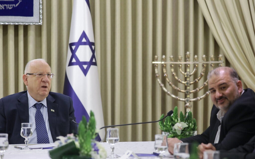 MK Mansour Abbas of the Ra'am faction meets with President Reuven Rivlin at the President's Residence in Jerusalem on April 16, 2019, as Rivlin begins consulting political leaders to decide who to task with trying to form a new government after the results of the general election were announced. (Noam Revkin Fenton/Flash90) MK Mansour Abbas of the Ra'am faction meets with President Reuven Rivlin at the President's Residence in Jerusalem on April 16, 2019, as Rivlin begins consulting political leaders to decide who to task with trying to form a new government after the results of the general election were announced. (Noam Revkin Fenton/Flash90)