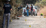 Police officers and forensic investigators at the scene of a suspected triple murder at the Tel Dan national park in northern Israel, November 1, 2020. (Basel Awidat/Flash90)