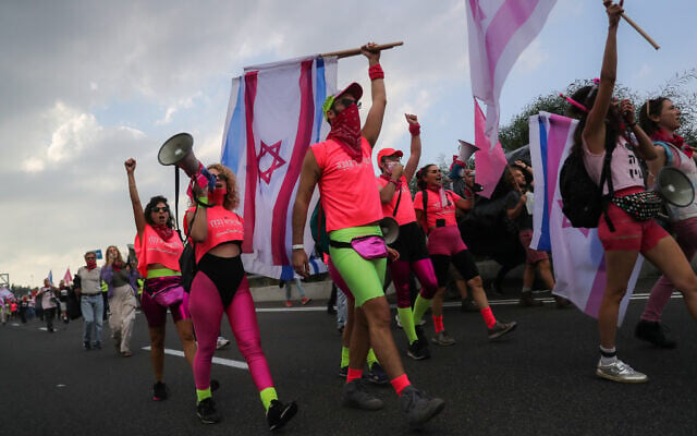 Protesters march to Jerusalem on Highway 1 as part of a demonstration against Prime Minister Benjamin Netanyahu, on November 14, 2020 (Yonatan Sindel/Flash90)