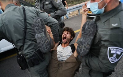 Police detain protesters as they march to Jerusalem on Highway 1 as part of a protest against Prime Minister Benjamin Netanyahu, on November 14, 2020 (Yonatan Sindel/Flash90)