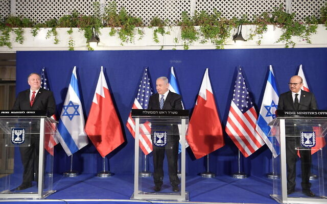From left to right: US Secretary of State Mike Pompeo, Prime Minister Benjamin Netanyahu and Bahraini Foreign Minister Abdullatif bin Rashid Al-Zayani at the Prime Minister's Residence in Jerusalem. (Amos Ben Gershom/GPO) From left to right: US Secretary of State Mike Pompeo, Prime Minister Benjamin Netanyahu and Bahraini Foreign Minister Abdullatif bin Rashid Al-Zayani at the Prime Minister's Residence in Jerusalem. (Amos Ben Gershom/GPO)