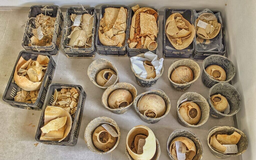 Pottery vessels recovered from the Second Temple period water cistern at the ancient settlement of Kafr Murr, today a neighborhood of Beit El. (Dotan Traubman)