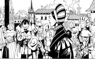 Gracia Nasi in Antwerp in a scene from 'The Wandering Jewess,' story by Gianluca Piredda and art by Leo Sgarbi. (Courtesy Piredda)