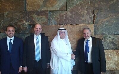 Moshe Kaplinsky, CEO of Oil Refineries,  right to left, Abdullah Mazrui, Chairman of Mazrui International, Mark Hana, Oil Refineries VP for Sales, Marketing, Purchasing & Contracts and CEO of the Mazrui Group, Charbel Khoury (Courtesy)