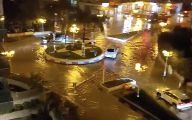 Flooded streets in the northern city of Nahariya on November 26, 2020. (Screen capture: Twitter)