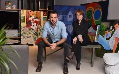 Art collector Steeve Nassima and former Tel Aviv Museum of Art director and curator Suzanne Landau prior to the opening of Nassima-Landau, a new Tel Aviv art space that opened November 24, 2020 (Courtesy Meir Cohen)