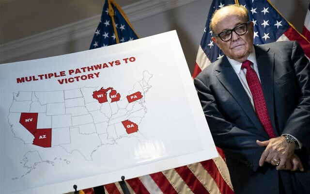 Rudy Giuliani stands next to a map during a press conference about various lawsuits related to the 2020 election, inside the Republican National Committee headquarters in Washington, November 19, 2020. (Drew Angerer/Getty Images/AFP) Rudy Giuliani stands next to a map during a press conference about various lawsuits related to the 2020 election, inside the Republican National Committee headquarters in Washington, November 19, 2020. (Drew Angerer/Getty Images/AFP)