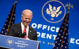 US President-elect Joe Biden, accompanied by Vice President-elect Kamala Harris, speaks at The Queen theater in Wilmington, Delaware, Nov. 19, 2020. (AP Photo/Andrew Harnik)