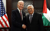 Then-US vice president Joe Biden, left, and Palestinian Authority President Mahmoud Abbas, right, at the presidential compound in Ramallah, March 9, 2016. (Debbie Hill, Pool via AP)