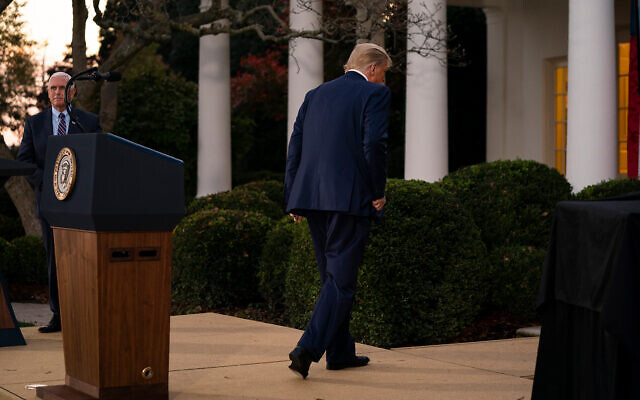 US President Donald Trump walks off after speaking in the Rose Garden of the White House in Washington, Nov. 13, 2020. (AP Photo/Evan Vucci) US President Donald Trump walks off after speaking in the Rose Garden of the White House in Washington, Nov. 13, 2020. (AP Photo/Evan Vucci)