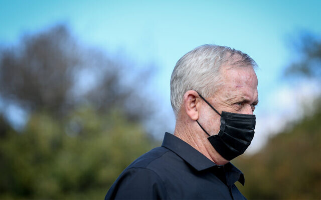 Defense Minister Benny Gantz, during a visit to the Israel-Lebanon border, on November 17, 2020. (David Cohen/Flash90) Defense Minister Benny Gantz, during a visit to the Israel-Lebanon border, on November 17, 2020. (David Cohen/Flash90)