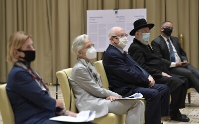 President Reuven Rivlin (C) at an event at his official residence marking the 82nd anniversary of Kristallnacht on November 9, 2020. (Koby Gideon/GPO)