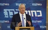 Blue and White Party leader Defense Minister Benny Gantz speaks at a party faction meeting in the Knesset, November 16, 2020. (Elad Malka/Blue and White)