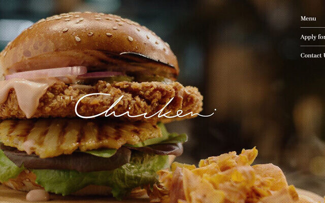 A chicken burger advertised on the website the The Chicken, a restaurant that serves lab-grown meat in Nes Tziona. (Screen capture via JTA) A chicken burger advertised on the website the The Chicken, a restaurant that serves lab-grown meat in Nes Tziona. (Screen capture via JTA)