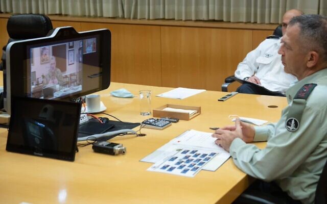 IDF Chief of Staff Aviv Kohavi (R) holds a virtual meeting with his American counterpart Gen. Mark Milley on November 15, 2020. (IDF) IDF Chief of Staff Aviv Kohavi (R) holds a virtual meeting with his American counterpart Gen. Mark Milley on November 15, 2020. (IDF)