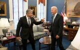 Yesh Atid lead Yair Lapid (L) and former vice president Joe Biden in an undated photo (Courtesy)