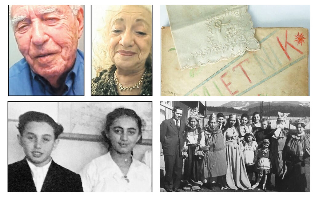 At left: Israel ‘Srulik’ Segalovitch, now Ira Segalewitz and Regina Puter, now Ruth Brandspiegel, in screenshots from a Zoom reunion, top, and together as teenagers, bottom. (Zoom/ Collection of Ira Segalewitz); Top right: A handkerchief from Ruth that Ira kept, along with his DP camp school memory book. (Photo by Scott Segalewitz); Bottom right: Purim in the Hallein DP camp, 1950. Ira is 3rd from left, Ruth is center. (Collection of Ira Segalewitz) At left: Israel ‘Srulik’ Segalovitch, now Ira Segalewitz and Regina Puter, now Ruth Brandspiegel, in screenshots from a Zoom reunion, top, and together as teenagers, bottom. (Zoom/ Collection of Ira Segalewitz); Top right: A handkerchief from Ruth that Ira kept, along with his DP camp school memory book. (Photo by Scott Segalewitz); Bottom right: Purim in the Hallein DP camp, 1950. Ira is 3rd from left, Ruth is center. (Collection of Ira Segalewitz)