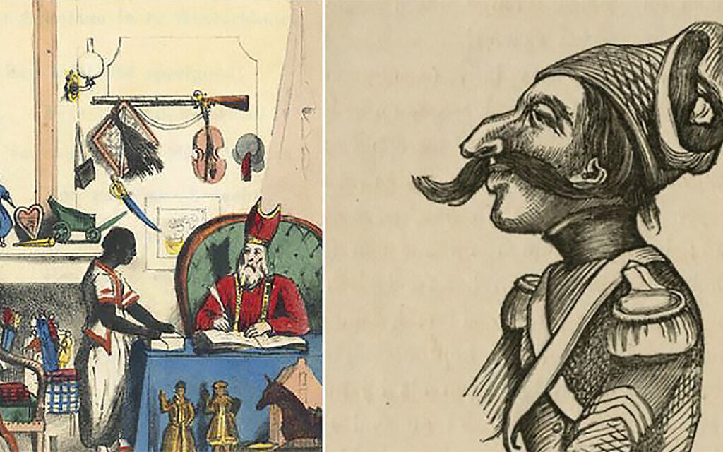 An early depiction of Black Pete, left, by the Dutch author Jan Schenkman in the 1850s, and a caricature of the cowardly Jewish soldier Levie Zadok. (Courtesy of the Amsterdam Jewish Historical Museum/ via JTA)