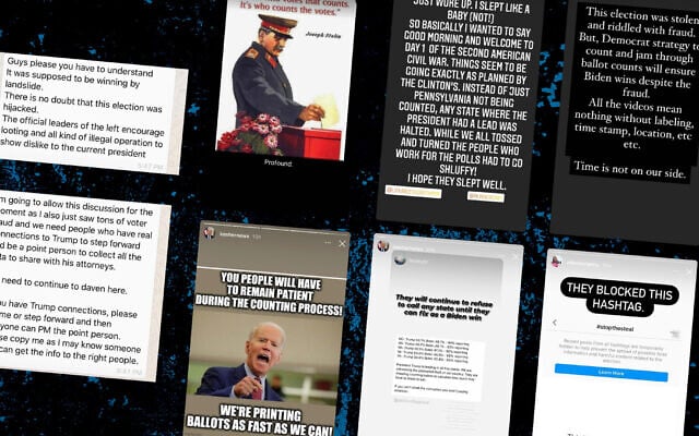 Messages casting doubt on the integrity of the 2020 presidential election spread on social media, even after the race was called for Joe Biden. (Screenshots from WhatsApp and Instagram via JTA) Messages casting doubt on the integrity of the 2020 presidential election spread on social media, even after the race was called for Joe Biden. (Screenshots from WhatsApp and Instagram via JTA)
