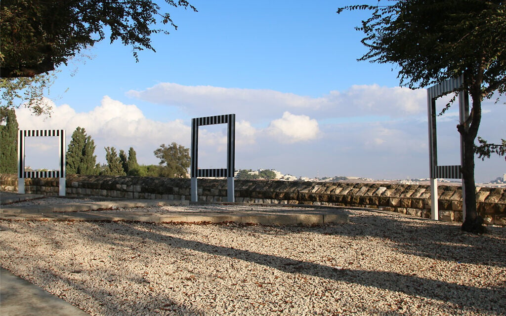 An environmental sculpture by French artist Daniel Buren on Jerusalem's Mount Zion Promenade. The three large empty frames are called "Trois points de vue pour un dialogue" (Three points of view for a dialogue). (Shmuel Bar-Am)