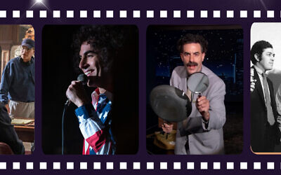 Sacha Baron Cohen as Abbie Hoffman left) in 'Chicago 7' and the title character in 'Borat 2.' courtesy)