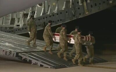 The remains of US soldiers killed in a helicopter crash on a Sinai peacekeeping mission arrive back in the United States, November 17, 2020 (Screen grab)