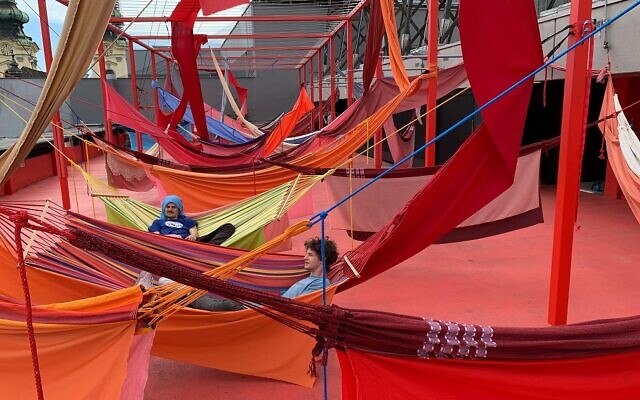 Austrian artist Michael Kintzer's Hanging Around Vol 4 installation, part of the Open Skies art event opening November 12, 2020 in Tel Aviv (Courtesy City of Tel Aviv-Jaffa)