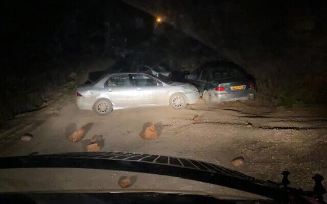 The scene of a suspected car-ramming attack by an extremist settler at the Kumi Ori outpost near the West Bank settlement of Yitzhar, November 25, 2020. (Border Police) The scene of a suspected car-ramming attack by an extremist settler at the Kumi Ori outpost near the West Bank settlement of Yitzhar, November 25, 2020. (Border Police)