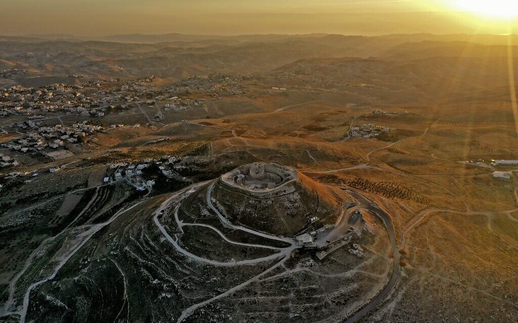 Aerial view of the Herodium fortress,  on November 25, 2020, with the King Herod's tomb site and the theater built by Herod the Great in 23-15 BCE in the Judaean desert, southeast of Bethlehem  (Menahem KAHANA / AFP)
