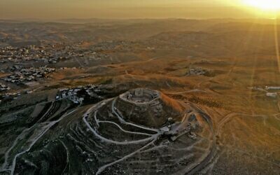 Aerial view of the Herodium fortress,  on November 25, 2020, with the King Herod's tomb site and the theater built by Herod the Great in 23-15 BCE in the Judaean desert, southeast of Bethlehem  (Menahem KAHANA / AFP)