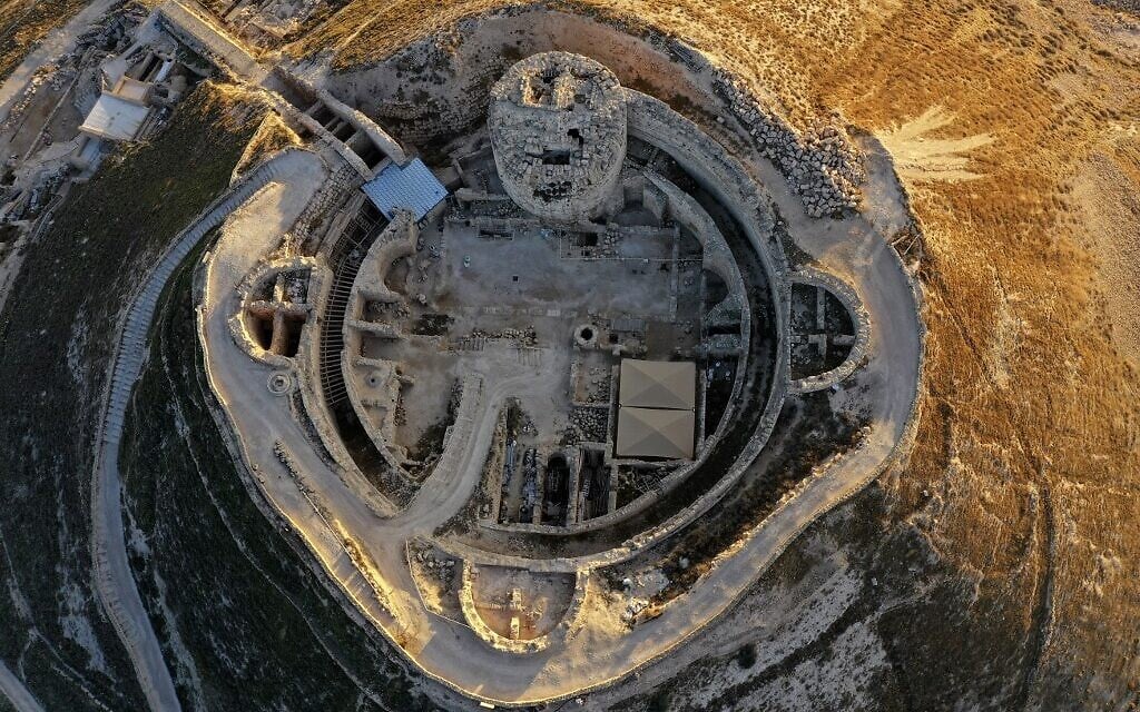 This picture taken on November 25, 2020, shows an aerial view of the Herodium fortress, with the King Herod's tomb site and the theatre built by Herod the Great between 23-15 BCE in the Judaean desert, southeast of Bethlehem (Menahem KAHANA / AFP)