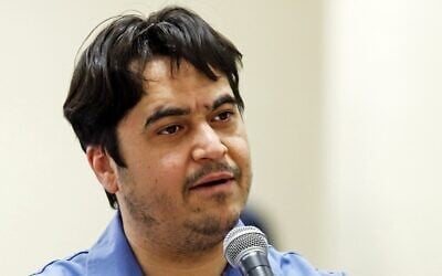 Ruhollah Zam speaks during his trial at Iran's Revolutionary Court in Tehran, June 30, 2020. (Ali Shirband/Mizan News Agency/AFP)