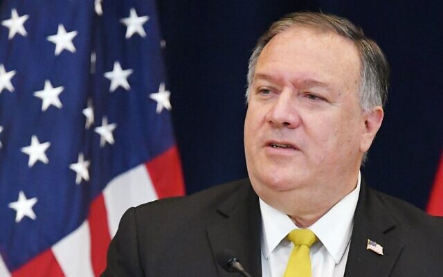 Illustrative: US Secretary of State Michael Pompeo speaks during a press conference at the State Department in Washington, on August 19, 2020. (Mandel Ngan/AFP) Illustrative: US Secretary of State Michael Pompeo speaks during a press conference at the State Department in Washington, on August 19, 2020. (Mandel Ngan/AFP)