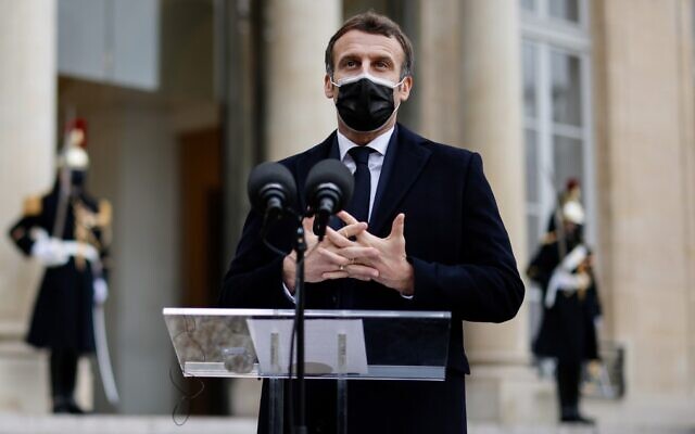French President Emmanuel Macron addresses the press at the Elysee presidential palace in Paris on December 16, 2020. (Thomas Coex/AFP) French President Emmanuel Macron addresses the press at the Elysee presidential palace in Paris on December 16, 2020. (Thomas Coex/AFP)