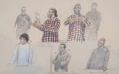 A courtroom sketch made on December 17, 2020, shows the defendants Ayoub El Khazzani (up), (From Down L) Bilal Chatra, Redouane El Amrani Ezzerrifi and Mohamed Bakkali at the Paris Courthouse in Paris. (Benoit Peyrucq/AFP)