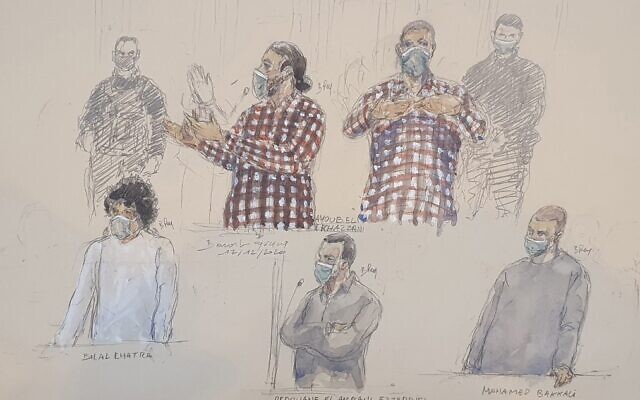A courtroom sketch made on December 17, 2020, shows the defendants Ayoub El Khazzani (up), (From Down L) Bilal Chatra, Redouane El Amrani Ezzerrifi and Mohamed Bakkali at the Paris Courthouse in Paris. (Benoit Peyrucq/AFP) A courtroom sketch made on December 17, 2020, shows the defendants Ayoub El Khazzani (up), (From Down L) Bilal Chatra, Redouane El Amrani Ezzerrifi and Mohamed Bakkali at the Paris Courthouse in Paris. (Benoit Peyrucq/AFP)