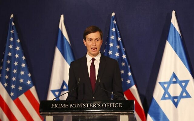 US Presidential Adviser Jared Kushner speaks in Jerusalem on December 21, 2020. (RONEN ZVULUN / AFP)