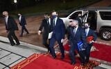 US Presidential adviser Jared Kushner, center, and National Security Adviser Meir Ben Shabbat, center-right, arrive at the Royal Palace in the Moroccan capital Rabat, December 22, 2020. (Fadel Senna/AFP)