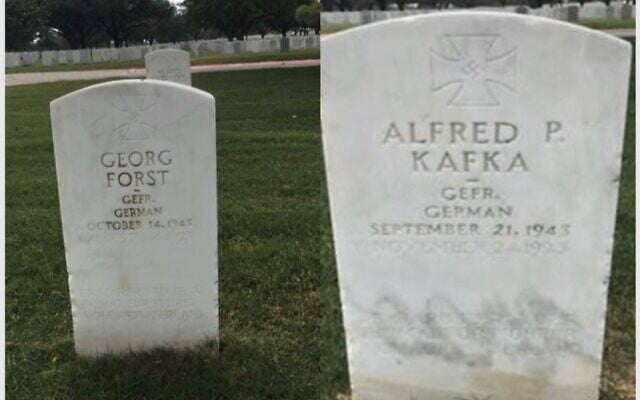 Two undated photos of POW headstones inscribed with swastikas at the Fort Sam Houston National Cemetery in San Antonio, Texas. (Courtesy of the Military Religious Freedom Foundation via JTA) Two undated photos of POW headstones inscribed with swastikas at the Fort Sam Houston National Cemetery in San Antonio, Texas. (Courtesy of the Military Religious Freedom Foundation via JTA)