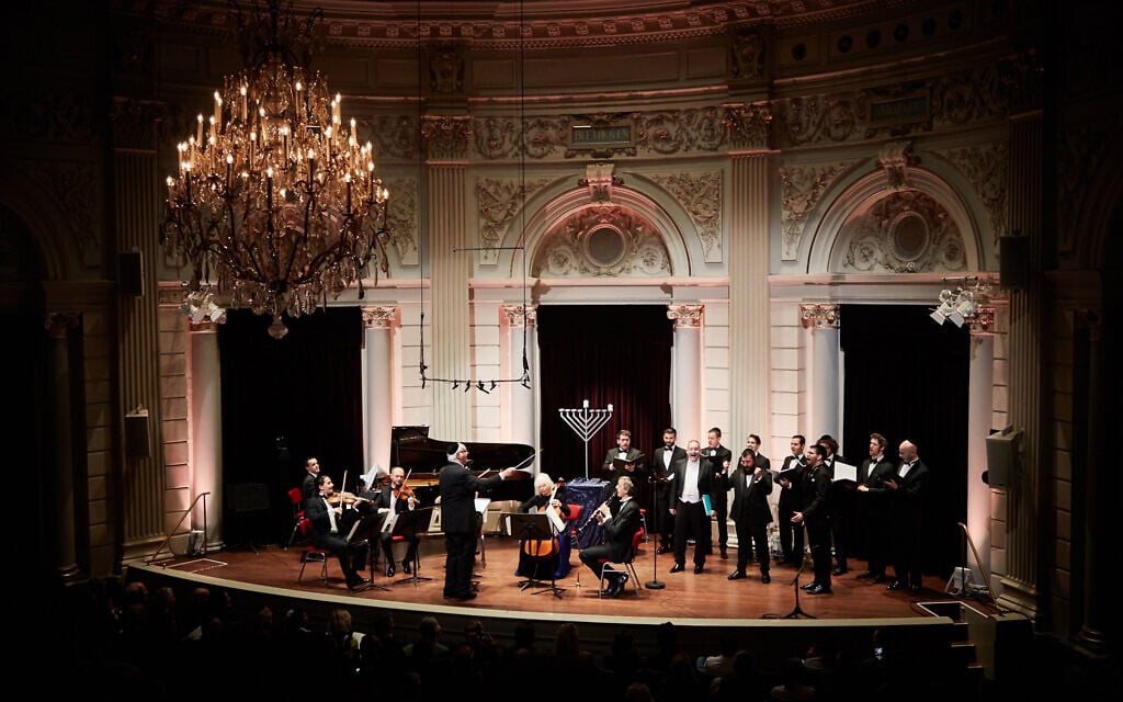 Cantors and musicians perform at the annual Hanukkah event at the Royal Concert Hall in Amsterdam, December 22, 2019. (Eduardus Lee/ via JTA)