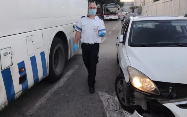 The scene of a suspected hit-and-run by a bus near Rachel's Tomb in Bethlehem, December 2, 2020. (Magen David Adom) The scene of a suspected hit-and-run by a bus near Rachel's Tomb in Bethlehem, December 2, 2020. (Magen David Adom)