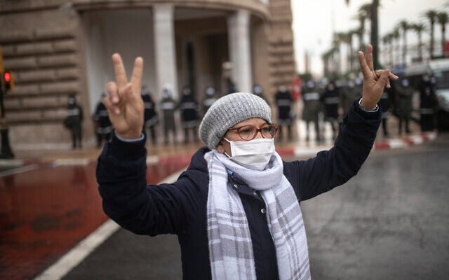A protester against the normalization deal between Morocco and Israel gestures, in Rabat, Morocco, December 14, 2020. (AP Photo/Mosa'ab Elshamy) A protester against the normalization deal between Morocco and Israel gestures, in Rabat, Morocco, December 14, 2020. (AP Photo/Mosa'ab Elshamy)