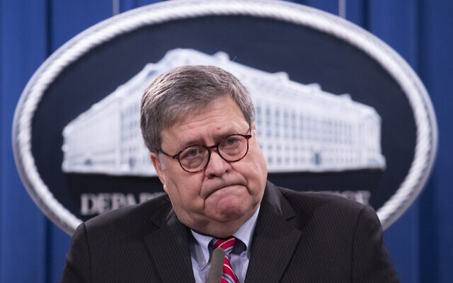 Attorney General William Barr speaks during a news conference, December 21, 2020, at the Justice Department in Washington. (Michael Reynolds/Pool via AP) Attorney General William Barr speaks during a news conference, December 21, 2020, at the Justice Department in Washington. (Michael Reynolds/Pool via AP)