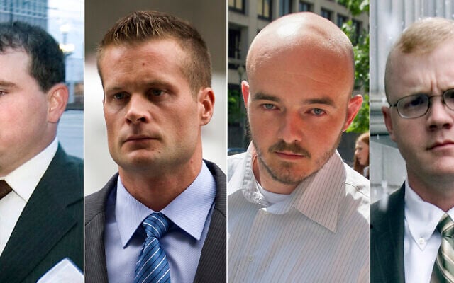 This combination made from file photo shows Blackwater guards, from left, Dustin Heard, Evan Liberty, Nicholas Slatten and Paul Slough. On Tuesday, Dec. 22, 2020, President Donald Trump pardoned 15 people, including Heard, Liberty, Slatten and Slough, the four former government contractors convicted in a 2007 massacre in Baghdad that left more a dozen Iraqi civilians dead and caused an international uproar over the use of private security guards in a war zone. (AP Photo/File) This combination made from file photo shows Blackwater guards, from left, Dustin Heard, Evan Liberty, Nicholas Slatten and Paul Slough. On Tuesday, Dec. 22, 2020, President Donald Trump pardoned 15 people, including Heard, Liberty, Slatten and Slough, the four former government contractors convicted in a 2007 massacre in Baghdad that left more a dozen Iraqi civilians dead and caused an international uproar over the use of private security guards in a war zone. (AP Photo/File)