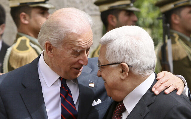 Then-US Vice President Joseph Biden, left, gestures as he walks with Palestinian Authority President Mahmoud Abbas ahead of their meeting in the West Bank city of Ramallah on March 10, 2010. (AP/Tara Todras-Whitehill) Then-US Vice President Joseph Biden, left, gestures as he walks with Palestinian Authority President Mahmoud Abbas ahead of their meeting in the West Bank city of Ramallah on March 10, 2010. (AP/Tara Todras-Whitehill)