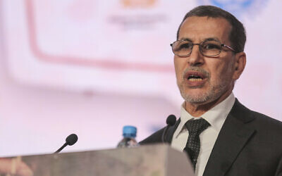 Moroccan Prime Minister Saad-Eddine El Othmani delivers a speech during the opening session of the Opportunities For All economic conference in Marrakech, Morocco, January 30, 2018. (AP Photo/Mosa'ab Elshamy)