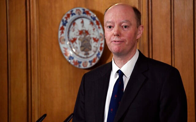 Illustrative: Chief Medical Officer for England Chris Witty speaks during a press conference about the coronavirus, in 10 Downing Street in London, March 9, 2020. (AP Photo/Alberto Pezzali, file) Illustrative: Chief Medical Officer for England Chris Witty speaks during a press conference about the coronavirus, in 10 Downing Street in London, March 9, 2020. (AP Photo/Alberto Pezzali, file)